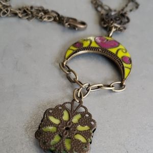 Purple and lime green enamel necklace